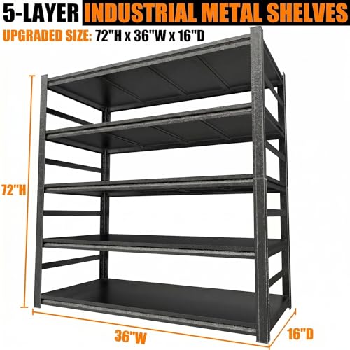 Upgrade 72" H Garage Shelving Unit, 3500LBS Heavy Duty 5-Tier Metal Storage Shelves with Anti-Fall Rails, Adjustable Industrial Steel Rack, Pantry Kitchen Basement Warehouse - Image 3