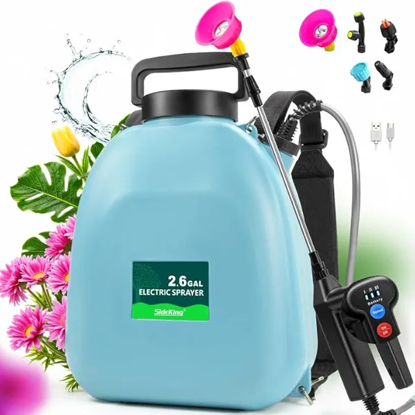 SideKing Battery Powered Backpack Sprayer, 2.6 Gallon Electric Garden Sprayer with 3 Adjustable Pressures, USB-C Charging, 5 Nozzles& 41″ Telescopic Wand for Weed Control, Pest Spray, Yard & Lawn Care