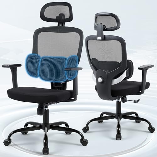 Image of Ergonomic Office Desk Chair, High Back Breathable Mesh Computer Chair, 3D Lumbar Support, 2D Headrest & 3D Armrests, 300lbs Heavy Duty Task Chair for Home Office Work Gaming, Black