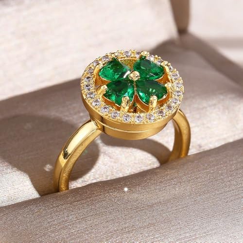 Round CZ Heart Clover Leaf Rotating Statement Ring for Women Gold Plated Adjustable Expandable 4 Leaves Open Wrap Anxiety Rings Comfort Fit Dainty Wedding Holiday Anniversary Jewelry Gift4