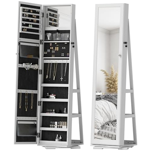 HOMCOM Espejo Joyero de Pie, Armario para Joyas Giratorio 360°, Armario Joyero con Cerradura,...