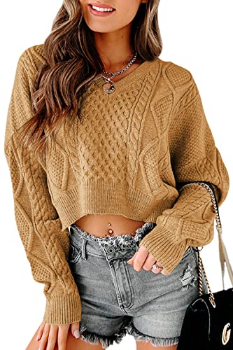 Tankaneo Women's V Neck Cropped Sweater Long Sleeve Crop Top Cable Knit Oversized Pullover Sweater...