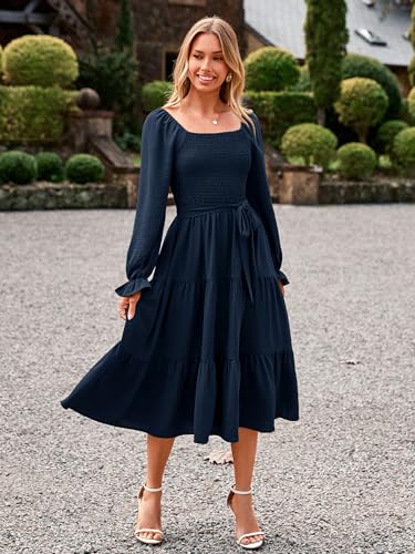 Image of Simplee Womens Long Sleeve Maxi Dress Casual Square Neck Smocked Flowy Fall Wedding Guest Dresses