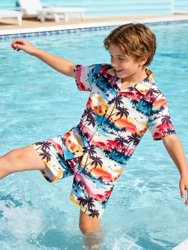 Image of UNICOMIDEA Boys Hawaiian Outfits Tropical Print Button Down Shirt + Swim Trunks 2 Piece Sets for 5-12T Kids