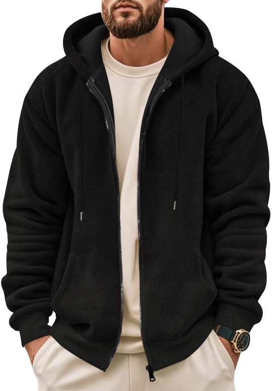 Men's Full-Zip Hoodie - Knit Adjustable Hood Jacket with Pockets Warm Fall Winter Pullover for Daily Wear - Image 3