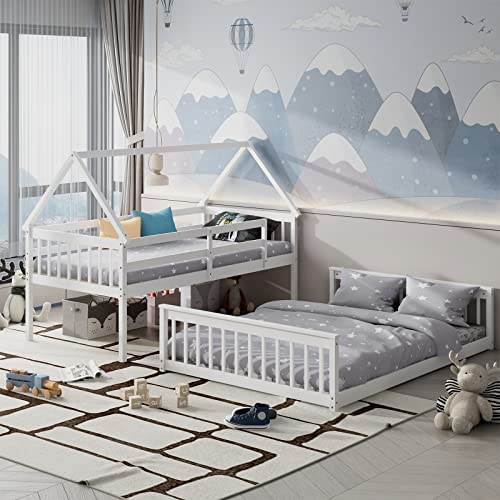 Komfott Wood Twin Over Full House Bunk Bed With Built In Ladder, Solid Pine Wood Bunk Bed Frame With Safety Guardrails, House Bunk Bed Frame For Kids, Teens, Juniors, No Box Spring Needed (White) #TOP3