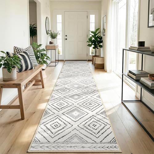 DEFYNEE Alfombra Pasillo 60 x 300 cm, Alfombra Antideslizante para Cocina, Alfombra de Pelo Corto, Lavable, Plegable, Diseño Boho, para Pasillo, Cocina, Salón y Oficina, Negro y Blanco