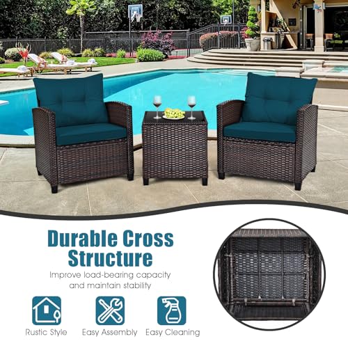 Tangkula 3 Pieces Patio Furniture Set, PE Rattan Wicker 3 Pcs Outdoor Sofa Set w/Washable Cushion and Tempered Glass Tabletop, Conversation Furniture for Garden Poolside Balcony - Image 8