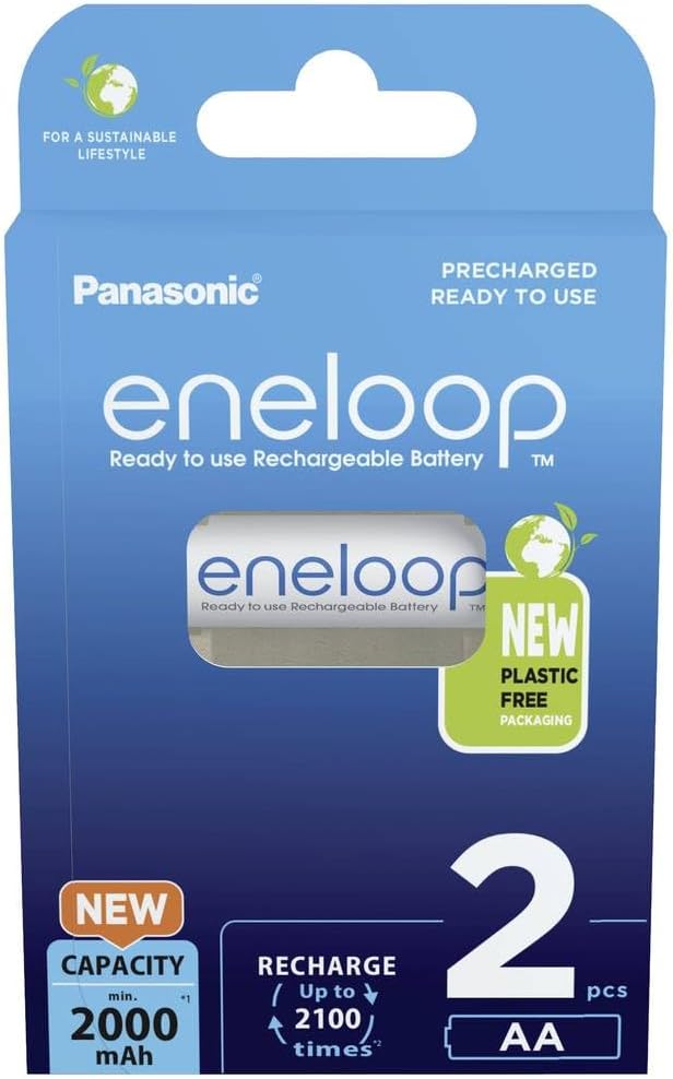 eneloop, AA/Mignon, Rechargeable Battery, Pack of 2, Capacity of 2000 mAh, Ready-to-Use Ni-MH Batteries, 2000 Recharge Cycles, Plastic Free Packaging, Standard, White
