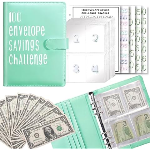 100 Envelope Challenge Binder,A5 Money Saving Binder with Cash Envelopes,Budget Binder for Planning and Saving $5050,Money Savings Challenges Binder,Savings Challenges Book-GREEN Cover