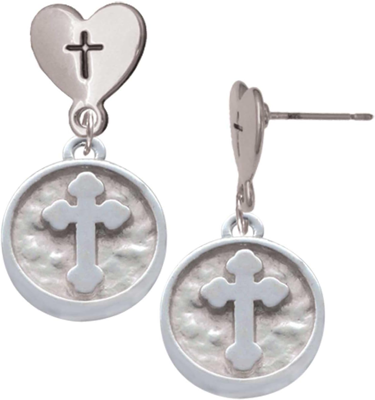 Delight Jewelry Silvertone Botonee Cross - Round Seal Cross in Heart Post Dangle Earrings