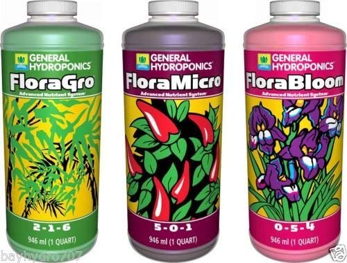 GH Flora Series' General Hydroponics GH Flora Series 32oz Quarts Trio FloraMicro FloraBloom – Paquete de 4, paquete de 4 – 1 juego
