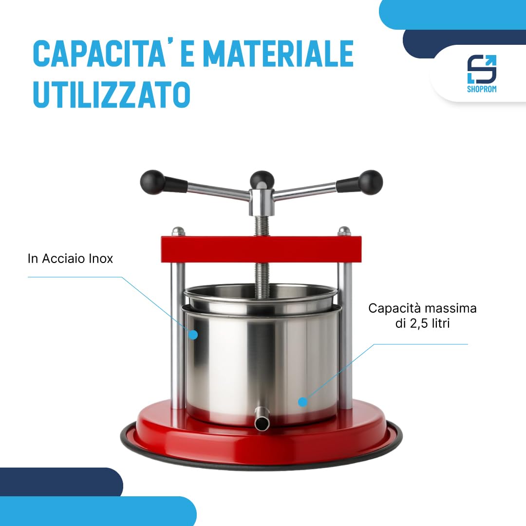 Torchio Manuale 1,5 Litri in Acciaio Inox, Pressa Multiuso per Uva, Frutta e Verdura, Uso Domestico