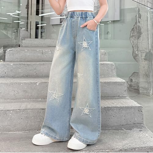 Viatabuna Star Baggy Ripped Jeans for Girls Elastic Waist Wide Leg Distressed Denim Pants Kids Cute Pull On Jeans 5-14 Years4