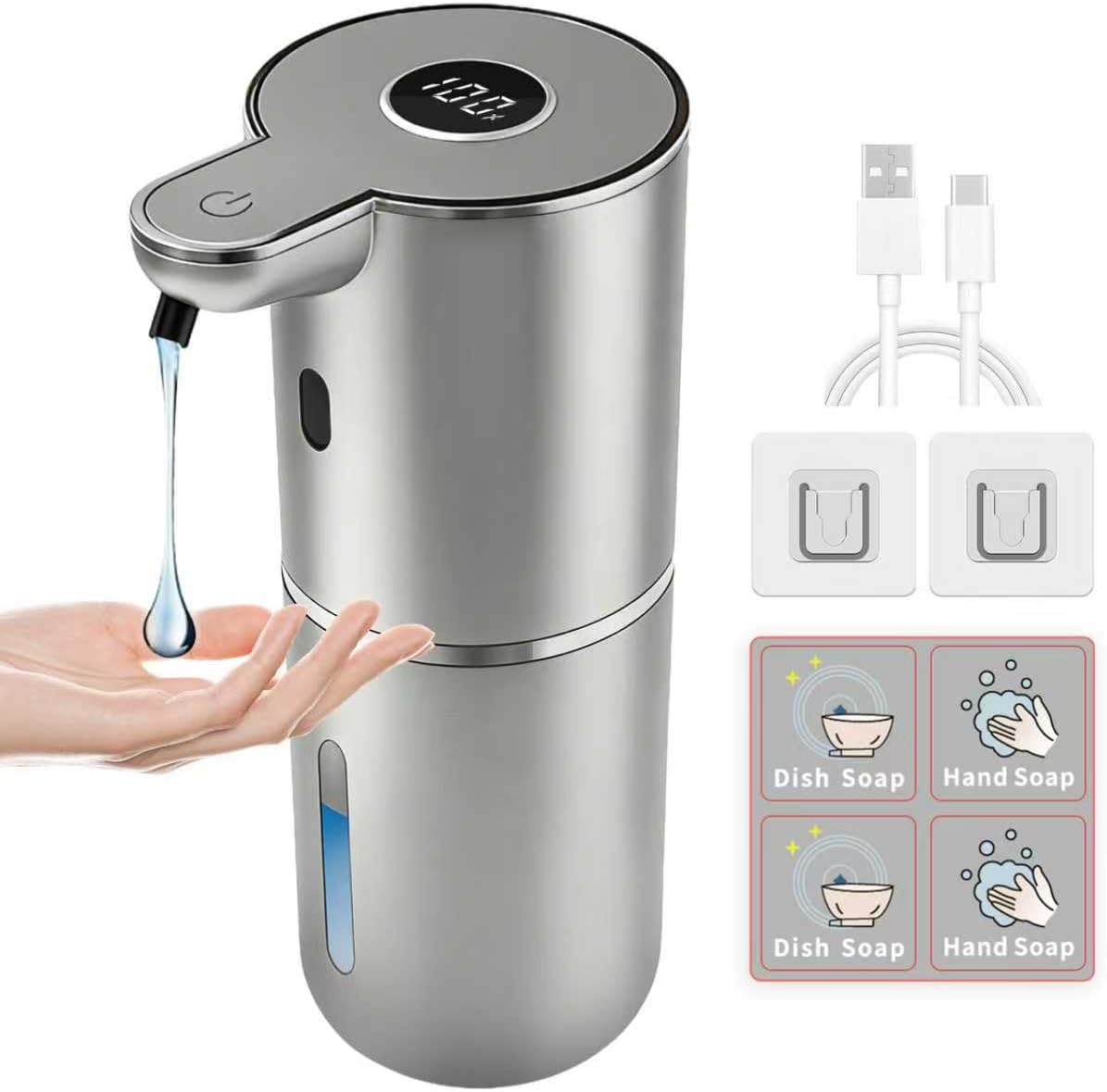 Automatic Soap Dispenser, Touchless Liquid Soap Dispensers, USB Rechargeable, 6-Level Adjustable Volume Control, 12.8oz/380ml, Wall Mount for Kitchen, Bathroom, Free Liquid Dispenser Stickers (Silver)