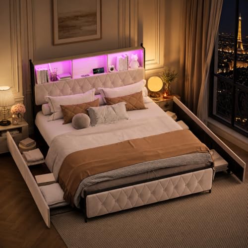 LIVLUX Lit 180x200 avec Sommier LED et USB,Lit Double rembourré avec sommier à Lattes et 4 Tiroirs,Tete de lit avec Rangement,2 Personnes pour Adultes et...