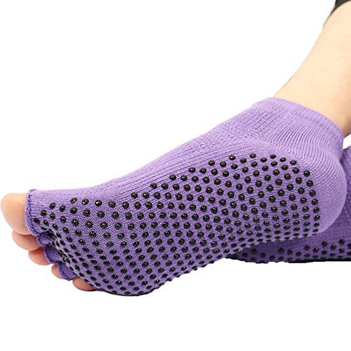 LXZH 5Pcs Yoga Socks for Women And Men, Non Slip Toeless Anti-Skid Half Toe Socks, Ballet, Pilates, Barre, Combed Cotton,Purple