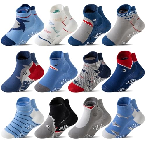 ORVYTHA Baby Girls Boys Toddlers Kids Grips Socks 12 Pairs Non Slip Anti Skid Ankle No Show Funny Cotton Socks with Grippers (US, Age, 9 Years, Cartoon Shark)