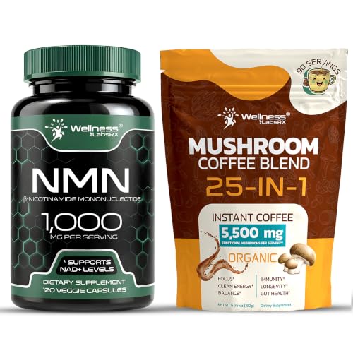 NMN Capsules and Mushroom Coffee Bundle, 25-in-1, 2 Piece Set