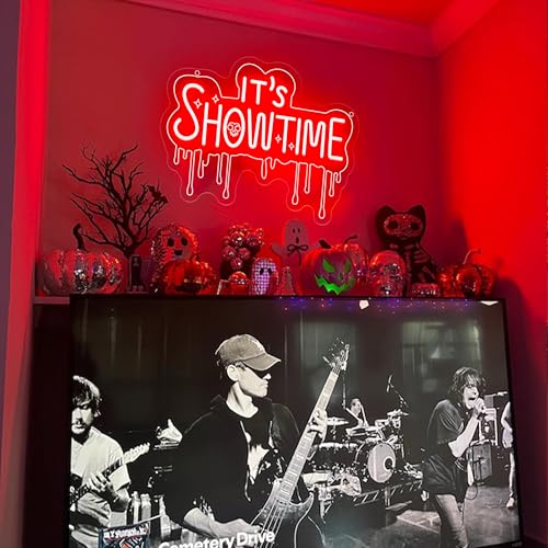 Image of It's Show Time Neon Sign Halloween Neon Lights for Wall Decor LED Red Tombstone Sign for Party,Chamber of Secrets, Spooky House, Game Room, Theater