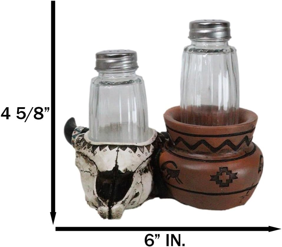 Ebros Gift Southwestern Native American Indian Buffalo Cow Skull With Hopi Canister Jar Glass Salt And Pepper Shakers Holder Figurine Set Decorative Home And Kitchen Accent
