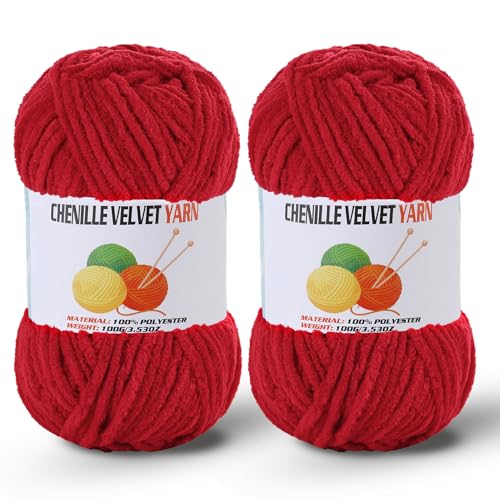 Image of 2 * 100g /3.5oz Fluffy Chenille Yarn for Crocheting, Chunky Velvet Yarn for Crochet Amigurumi, Used for Making Baby Yarns Blanket, Clothes, Pattern Knitting Creations (Red)