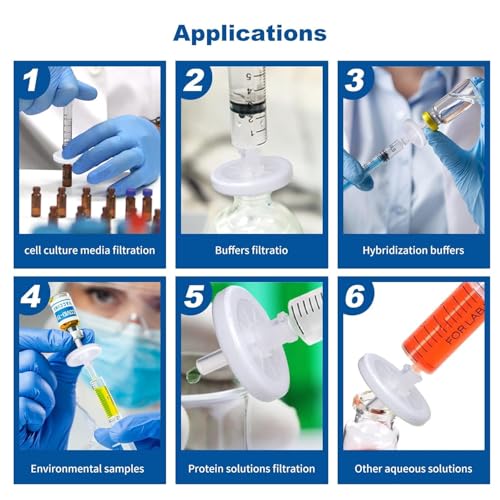 Image of Syringe Filters Hydrophobic PTFE Membrane 100PCS, 5um Pore Size,13mm Disc Diameter,HPLC and GC Needle Filter, Non-Sterile, High Throughput Lab Filtration, Barreled Packed