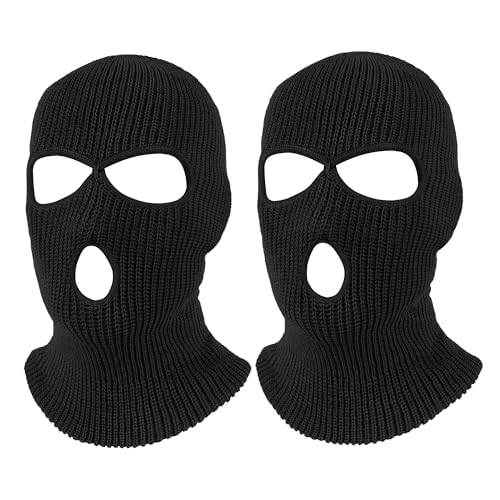 Pukavt 2 Pack 3 Hole Winter Knitted Mask, Full Face Cover Ski Mask Warm Balaclava for Skiing, Motorcycle, Snowboard Black/Black