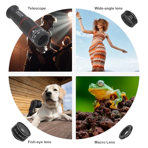 Phone Camera Lens Kit 4-in-1, Come with 28X Telephoto Lens, 25X Macro Lens, 198° Fisheye Lens, 4K 0.6X Wide Angle Lens,Clip, and Phone Mini Tripod for iPhone and Android Phone Series (BLACK) - Image 5