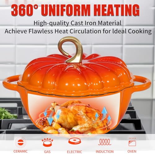 Pumpkin Enameled Cast Iron Dutch Oven with Lid, 4.5 QT Heavy Duty and Dual Handles Pot, Serves 3-5 and Oven Safe for Bread Baking, Braising, Cooking Soup and Family Gifts, Orange - Image 4