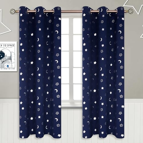 Image of BGment Kids Curtains for Bedroom 72 Inch Length 2 Panels Set, Star and Moon Blackout Curtains for Boys Room Decor, Nursery Thermal Insulated Room Darkening Curtains with Grommet, 42 Wide, Navy Blue
