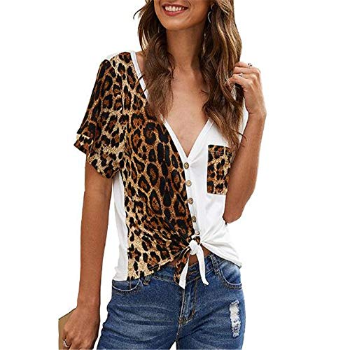 Preisvergleich Produktbild Sommer Damen Leopardenmuster V-Ausschnitt Schlanke UnregelmäßIge SpleißTasche LäSsig Pullover T-Shirt