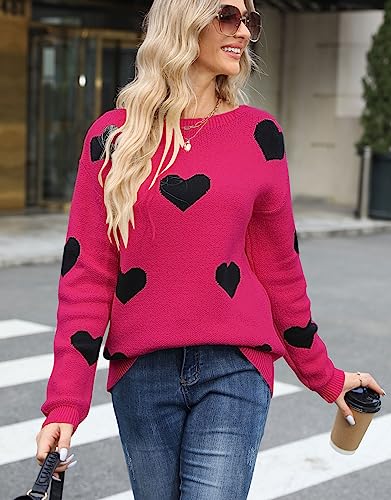 Image of Womens Cute Heart Sweater Crew Neck Long Sleeve Pullover Valentines Sweater