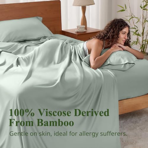 Image of King Size Sheet Set, Viscose Bamboo Sheets for Bed Set 4pcs, 100% Viscose Derived from Bamboo, Hotel Luxury Silky & Cooling for Hot Sleepers, Deep Pocket Up to 17 inch, Sea Glass