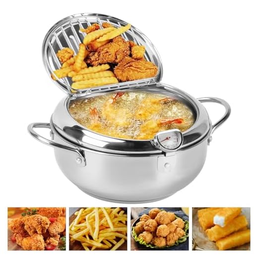 Pentola per Friggere, Friggitrice Tempura in Acciaio Inossidabile 304 Pentola Friggitrice Giapponese con Termometro con Coperchio Della Griglia Antigoccia per Pollo Francese, Pesce Secco (20 cm 2,2L)