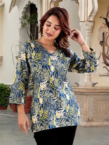 Image of Women's Cotton Printed Short Kurti, Round Neck, Three Quarter Sleeve, Straight Fit, Pack of 2