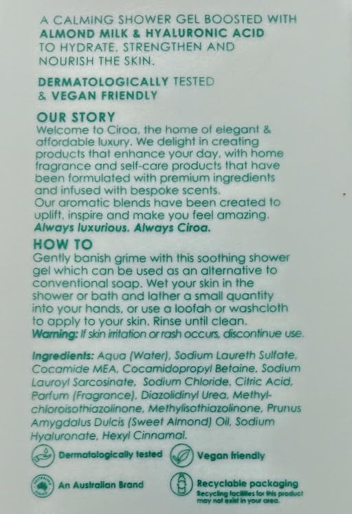 Ciroa, Almond Milk & Hyaluronic Acid, SHOWER GEL, Hydrate & Nourish, 33.8 fl oz 1,000ml (Pack of One)
