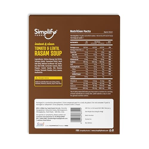 Image of Simplify Lentil & Tomato Rasam Soup | Instant Rasam Mix | Authentic Home-Style Flavour | Clean Label | Just Add Hot Water | No Preservatives | Pack of 2 Sachets (Each Makes ~125 ml)