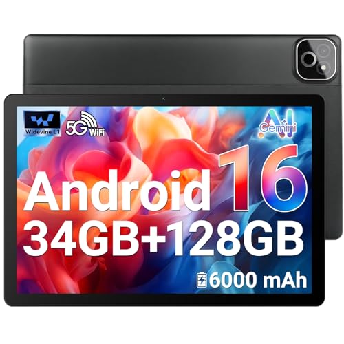 MUISOO Android 16 Tablet, Octa-Core Tablet, 34GB+128GB (Expandable to 1TB), 10.1 Tablet with Bluetooth 5.3, WiFi 6, Dual Camera, 5MP+8MP, 6000mAh, Tablets with Keyboard Mode, Rainbow Lights (Black)