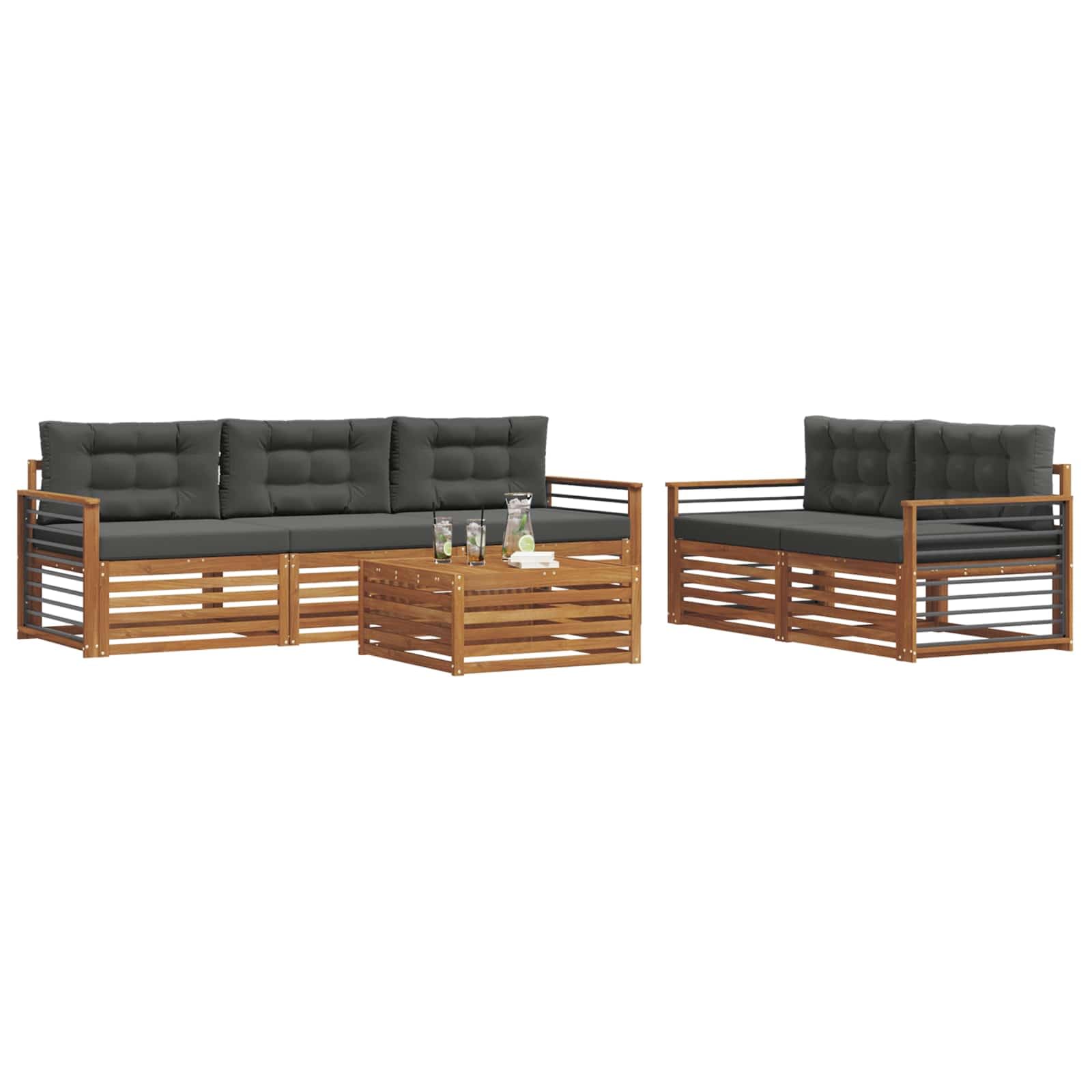 Modułowa sofa outdoorowa zestaw z litego drewna akacjowego z poduszką, 6-częściowy w kolorze naturalnym i antracytowym