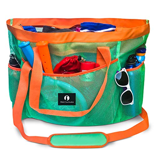 Red Suricata Mesh Beach Bag with Zipper - Extra Large Beach Tote Bag – Pool Swim Bags for Men & Women – Beach Toy Bag for Swimming Gear