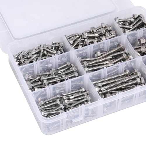 SATANTECH SAT-ZUANWEI-370 Kit de 370 tornillos autoperforantes de acero inoxidable 410 con cabeza hexagonal y arandela miniatura 6