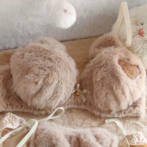 Image of Imported Fluffy Teddy Bra Panty Set for Women Cute Lingerie Soft Teddy Lingerie Cute Cartoon Design Bra Set Bridal Lingerie Set for First Night Honeymoon Date Night Anniversary Birthday