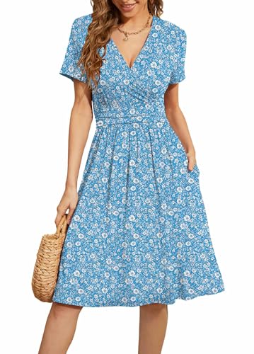 Image of WEACZZY Women's Summer Short Sleeve Casual Dresses V-Neck Floral Party Dress with Pockets