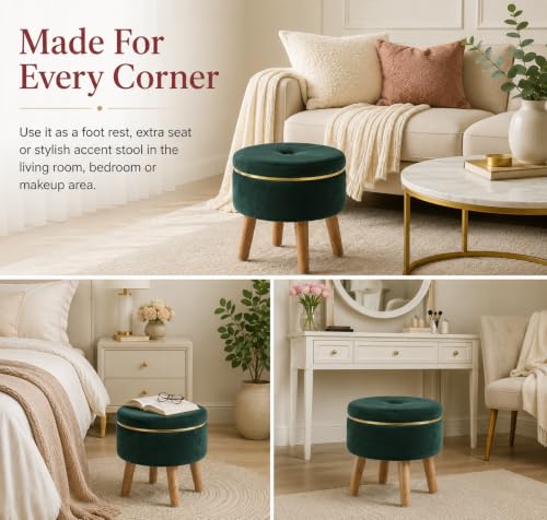 Image of Ottoman Stool for Living Room Foot Rest | Velvet Small Ottoman Foot Stool | Solid Wood Legs | Footstool Puffy for Home, Bedroom & Makeup Table | 30 x 30 cm (12 x 12 Inch) | Green