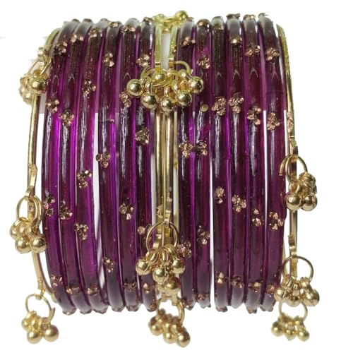 Image of NMII Viral Multi Colour Glass Bangles with Golden Ghungroo Charms & Stone Work For Women & Girls | Fancy Designer Glass Bangle | Traditional Chudi | Kanch Ki Churi | Stylish Ghungroo Bangle For Women