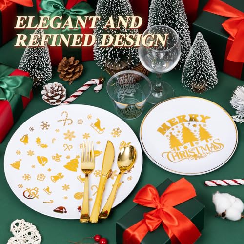 Goodluck 150PCS Christmas Plates Disposable for 25 Guests, Gold Christmas Party Plates, Plastic Christmas Dinnerware Set of 25 Dinner Plates, 25 Dessert Plates, 25 Spoons, 25 Forks, 25 Knives, 25 Cups - Thumbnail 2