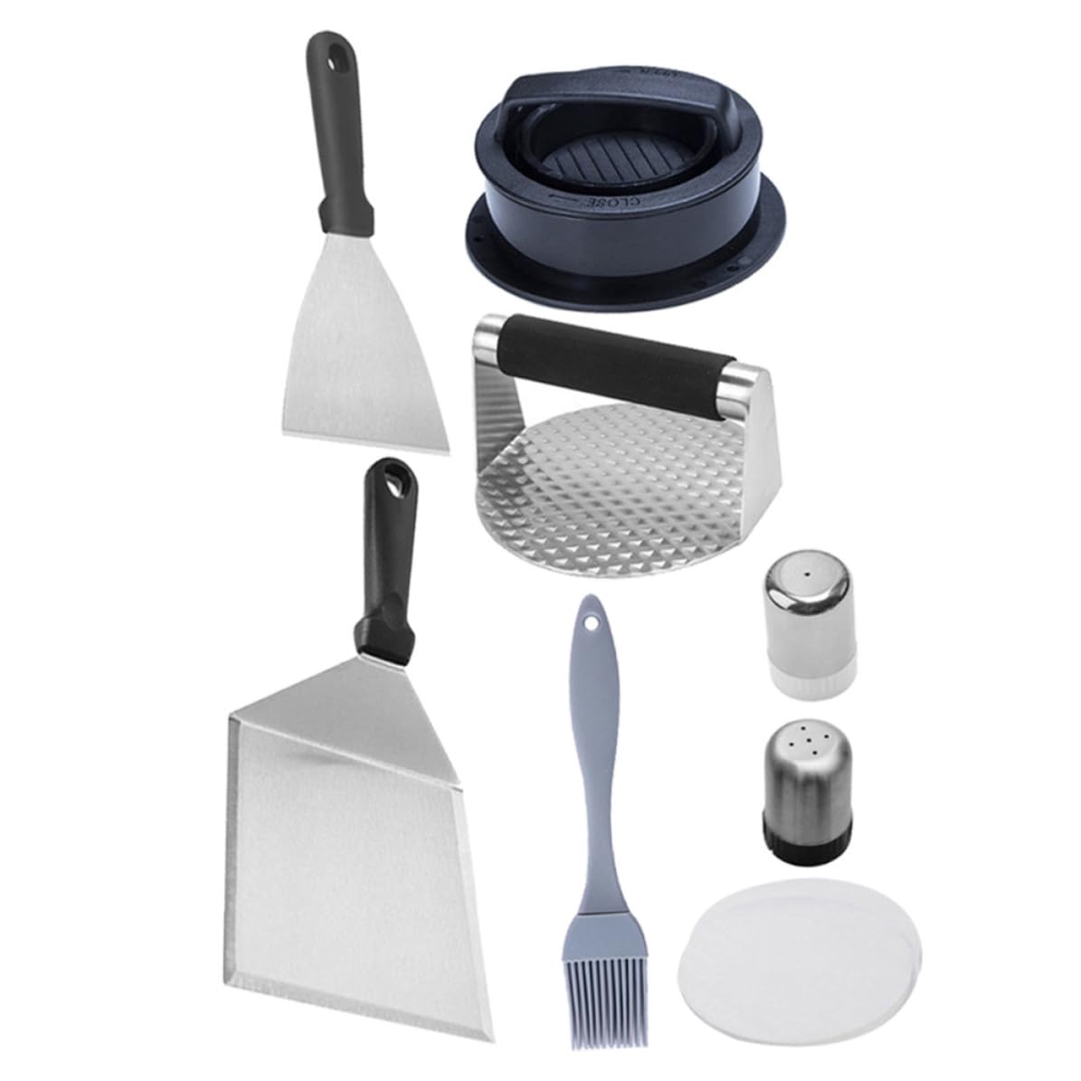 Kisangel Robustes Grillbesteck aus Edelstahl mit Ergonomischem Design Inklusive Burgerpresse und Ölpinsel für Outdoor Grillen und Camping