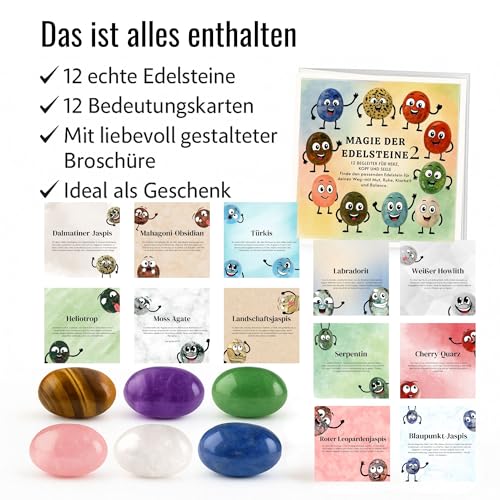 Milaboo® Magie der Edelsteine 2 – 12x Glückssteine mit Bedeutung & Karte im Organzasäckchen – Set mit Broschüre – Geschenk für Kinder & Erwachsene (Magie der Edelsteine 2)