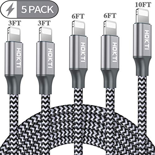 HOKTI iPhone Charger MFi Certified 5 Pack Lightning Cable (3/3/6/6/10FT) Charging USB Syncing